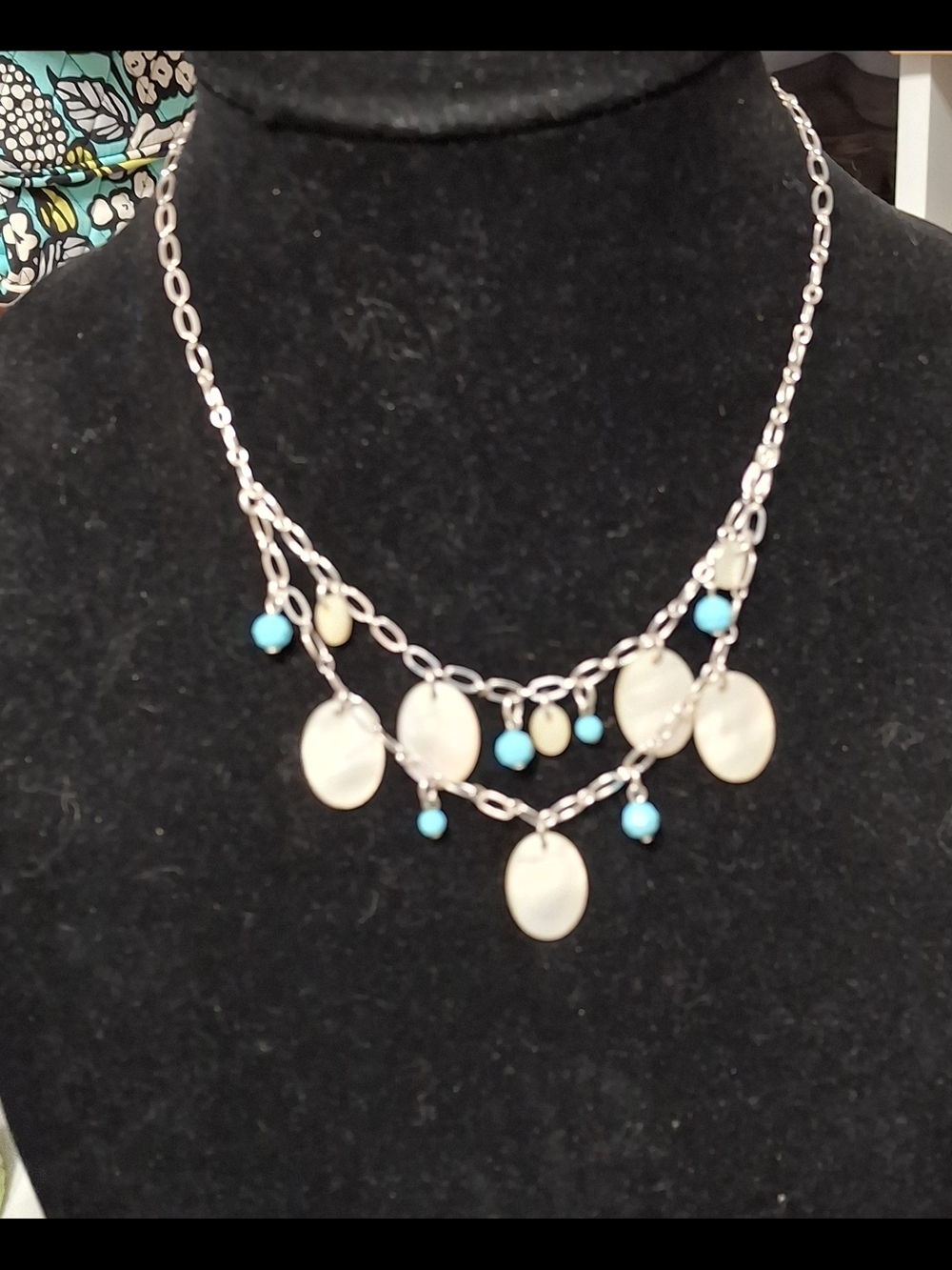 Swarovski Delicate Silver Chain Necklace with Turquoise and MOP Disc Drops